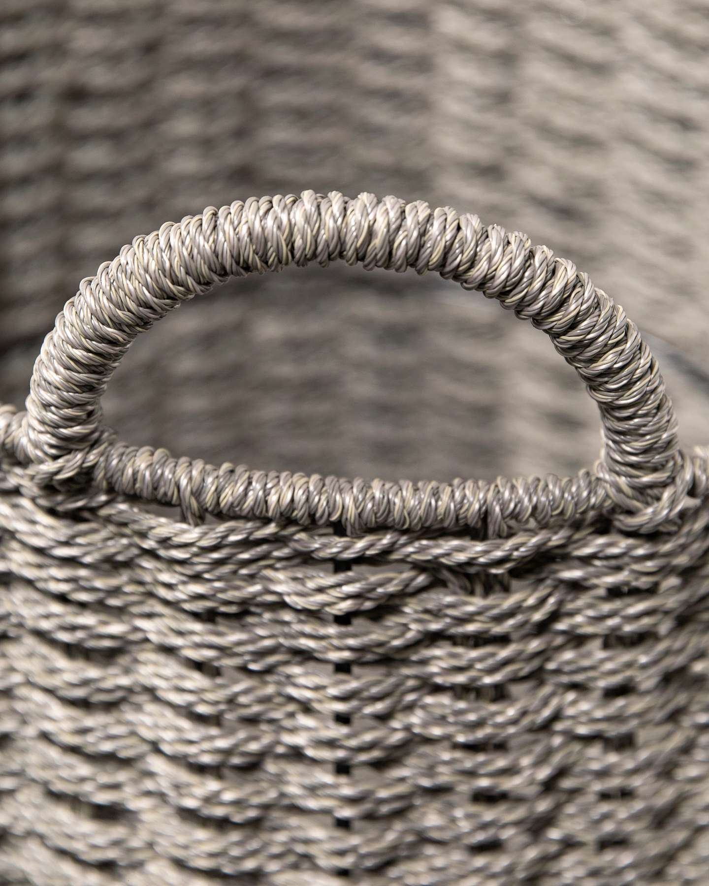 Balsam Hill Gray Outdoor Woven Basket Textured Design Handle Closeup