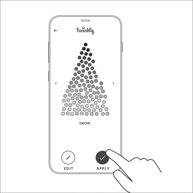 Illustration of finger pointing towards phone showing image of black and gray Christmas tree