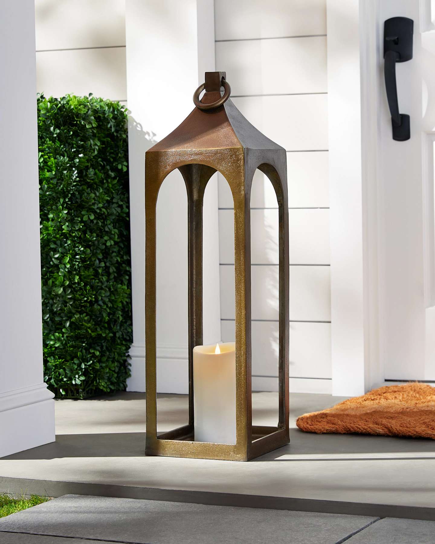 Balsam Hill Brass Antiqued Metal Lantern 30-Inch Lifestyle Outdoor Display