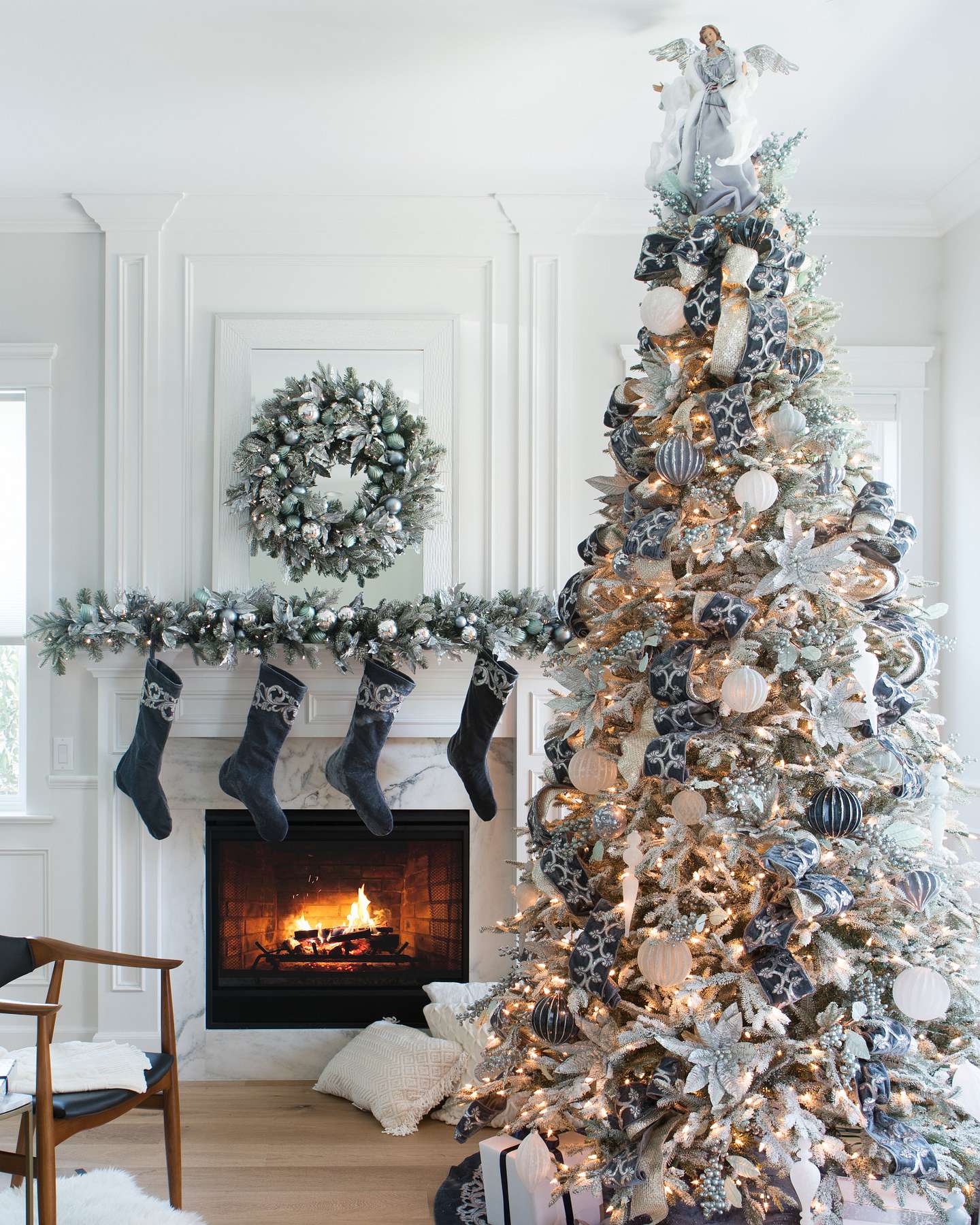 Balsam Hill Frosted Fraser Fir Artificial Christmas Tree Lifestyle Fireplace Display