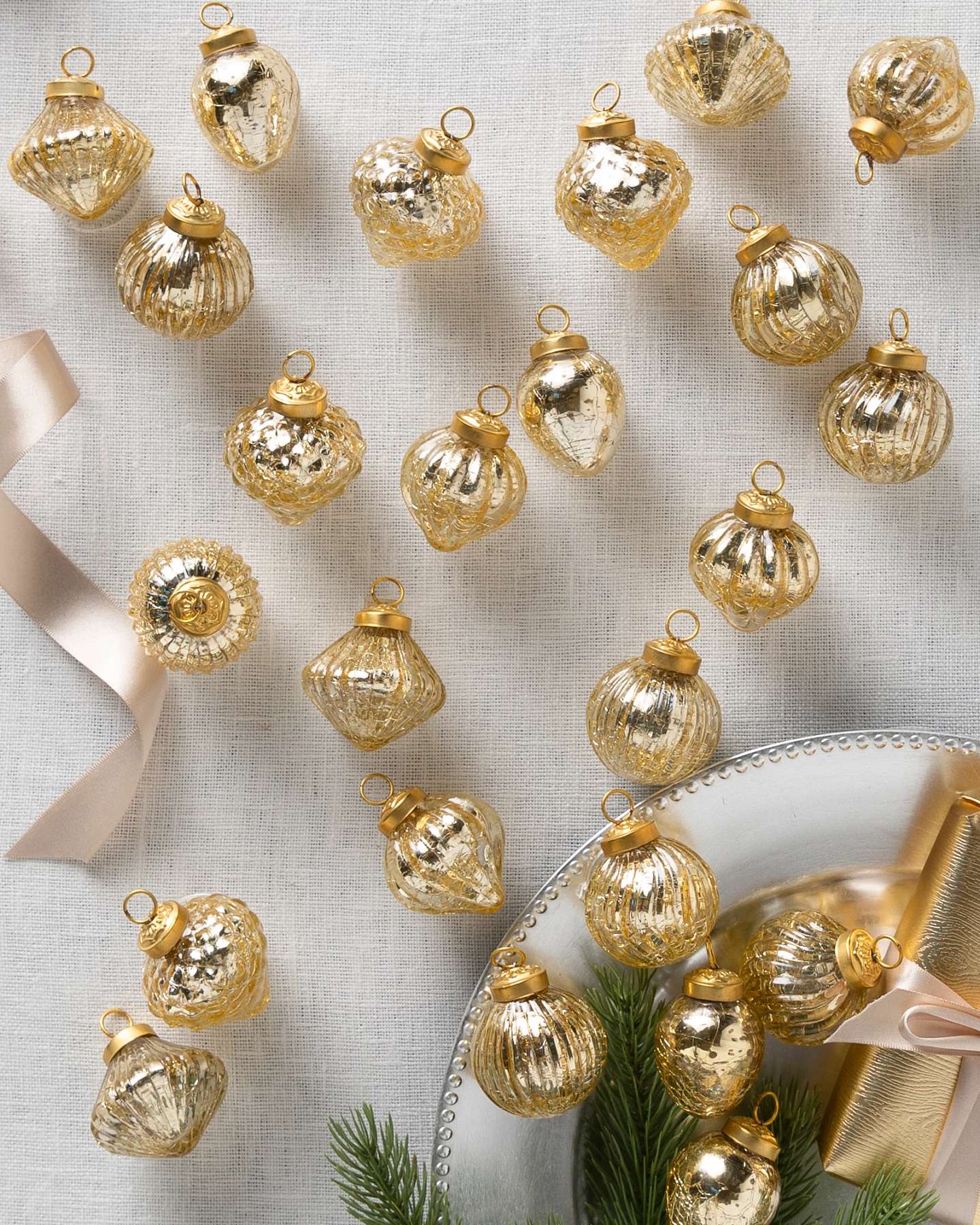 Balsam Hill Essentials Gold Mini Mercury Glass Christmas Ornament Set of 24 Display