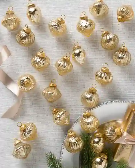 BH Essentials Gold Mini Mercury Glass Ornaments Set of 24 by Balsam Hill