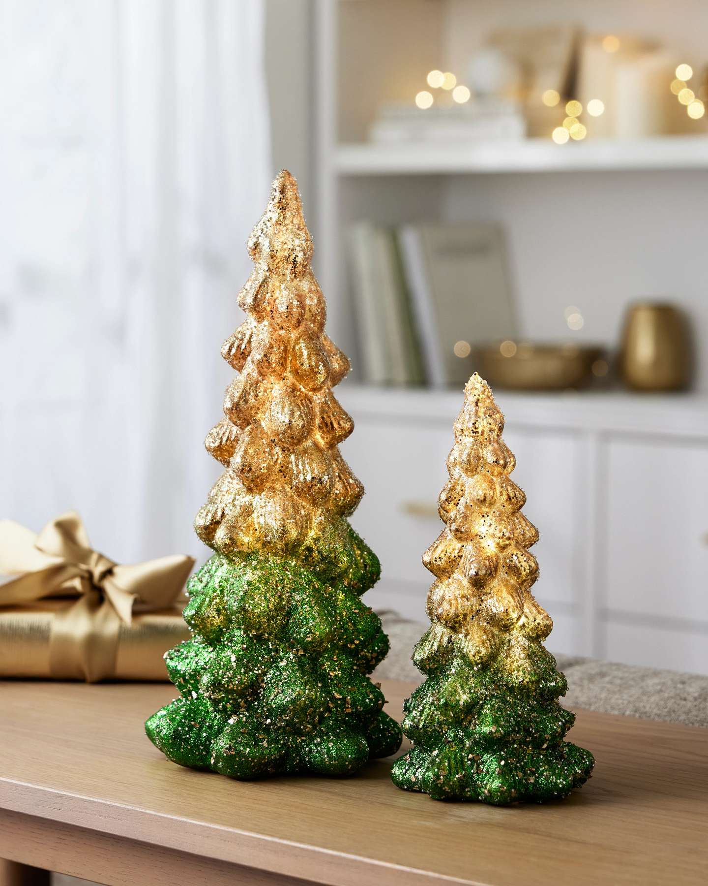 Balsam Hill Gold and Green Lit Tabletop Glass Christmas Trees Set of 2 Table Display