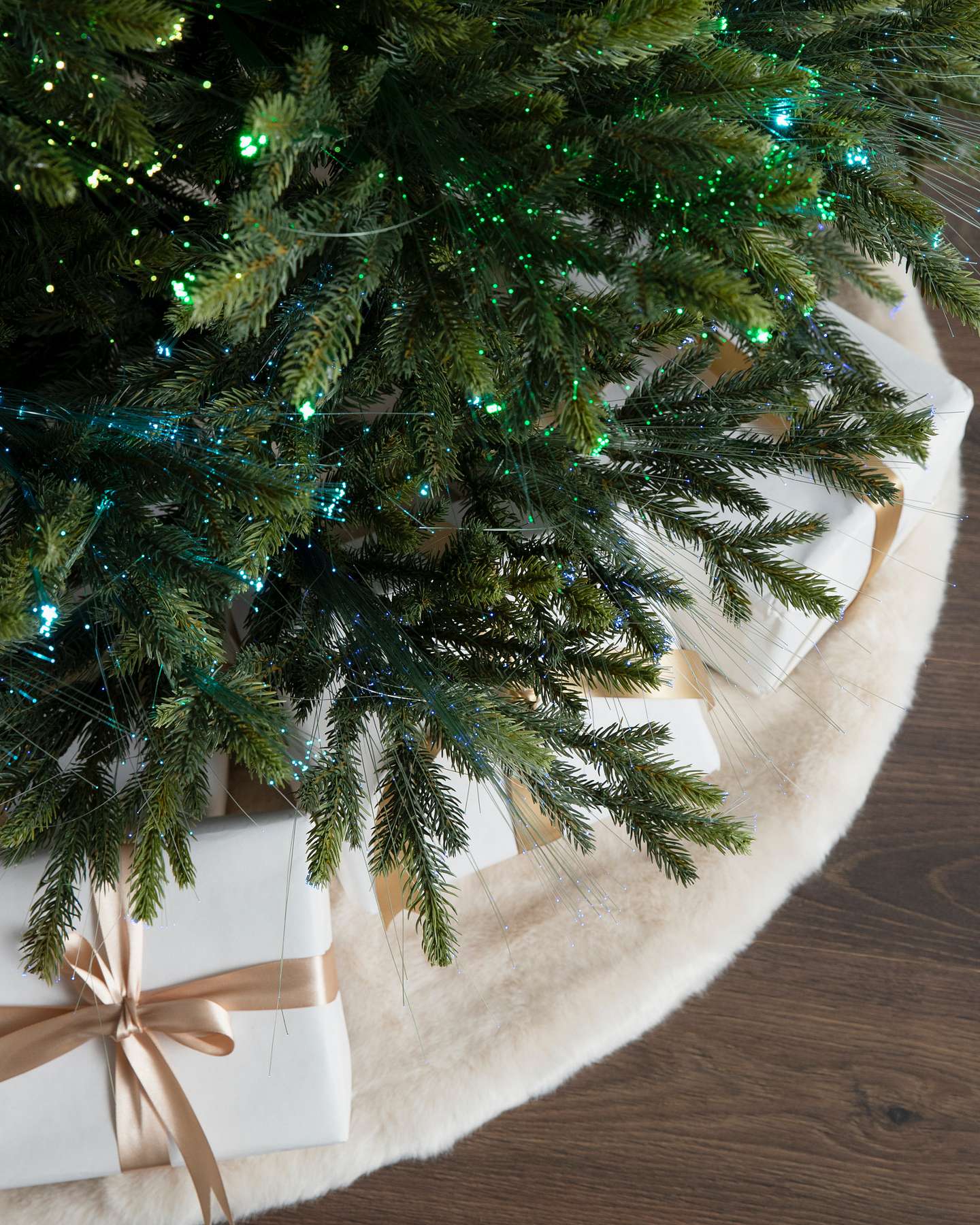 Balsam Hill Broadway Fiber Optics Artificial Christmas Tree Fiber Optics Closeup with Tree Skirt