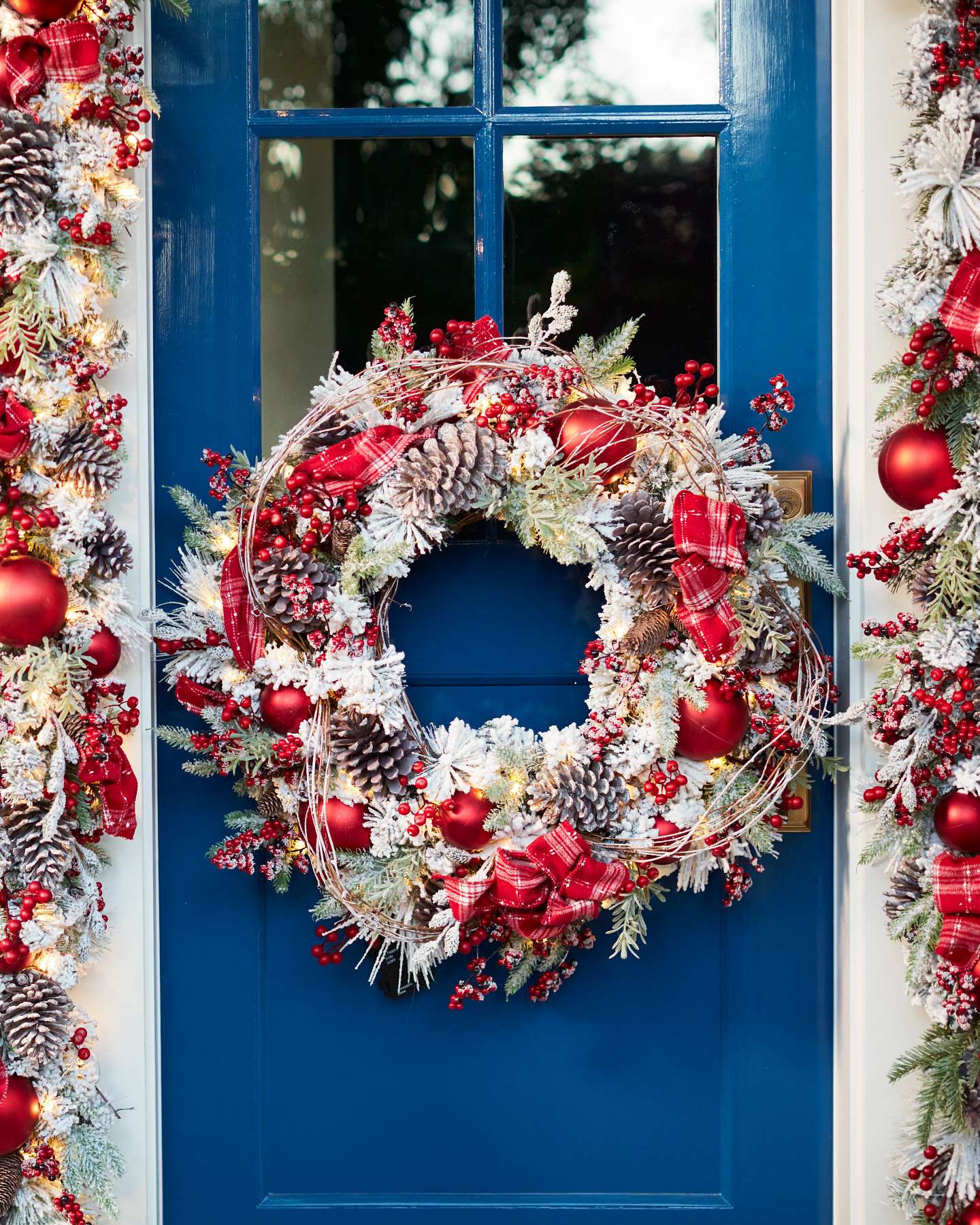 Balsam Hill Festive Farmhouse Artificial Christmas Foliage Lifestyle Foor Display Closeup