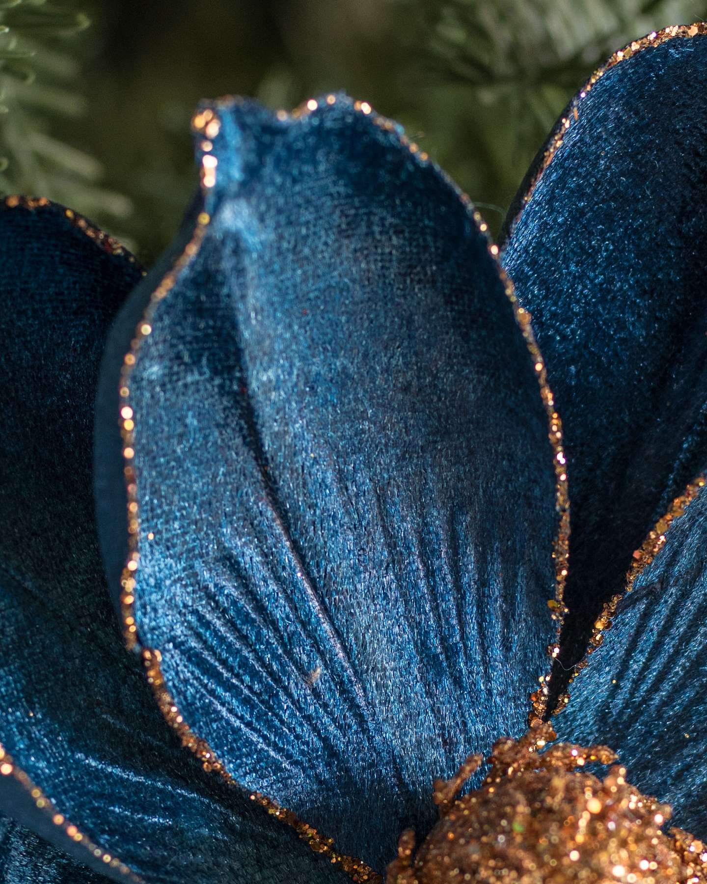 Balsam Hill Close-Up of Navy and Copper Magnolia Artificial Christmas Tree Picks Set of 12 Detailing Petals