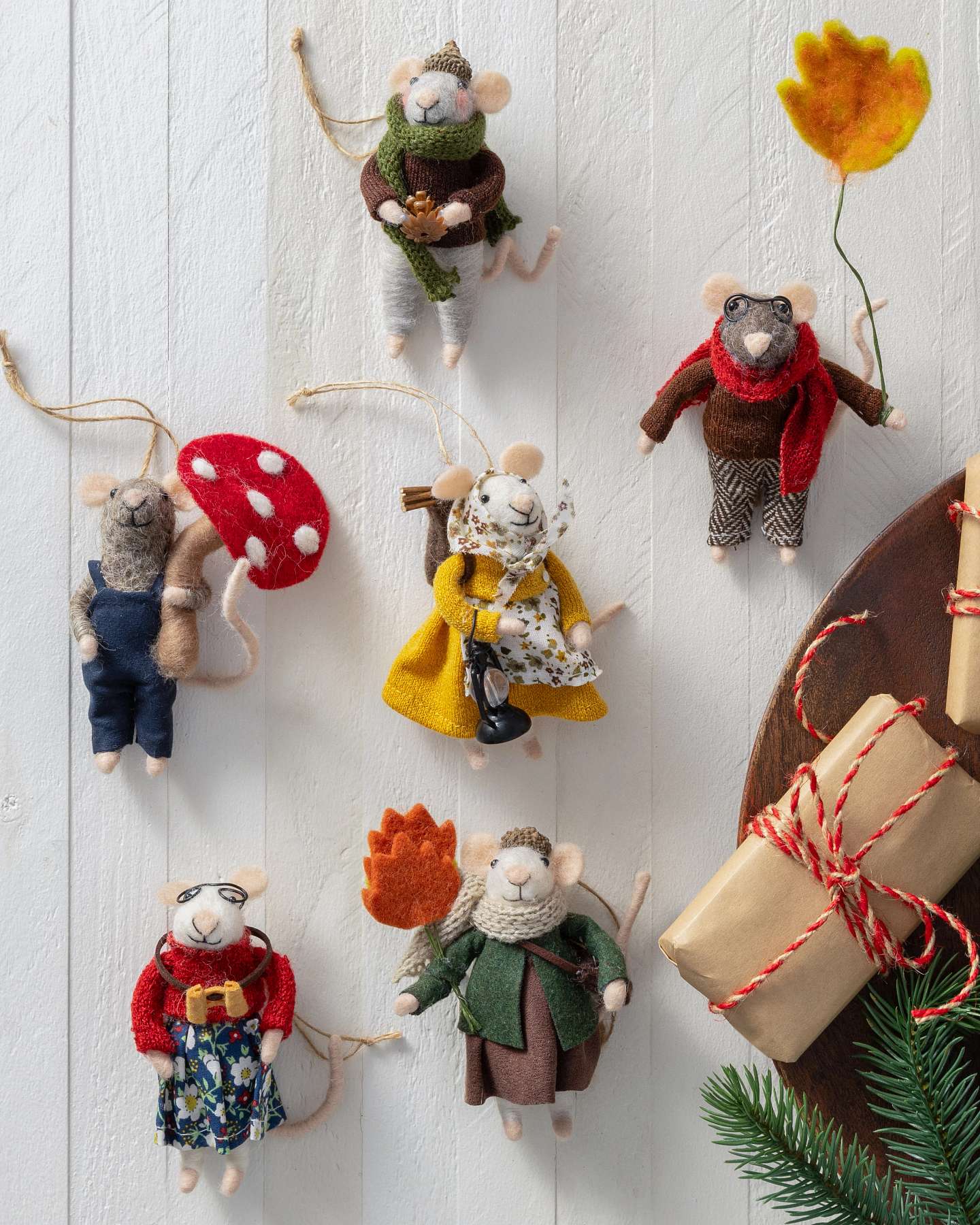 Balsam Hill Forest Forager Mice Felt Christmas Ornament Set of 6 Display