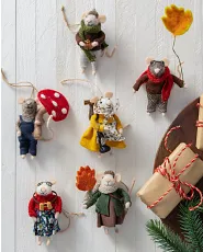 Set of felt mice with a mushroom, a pinecone, a gas lamp, leaves, and binoculars