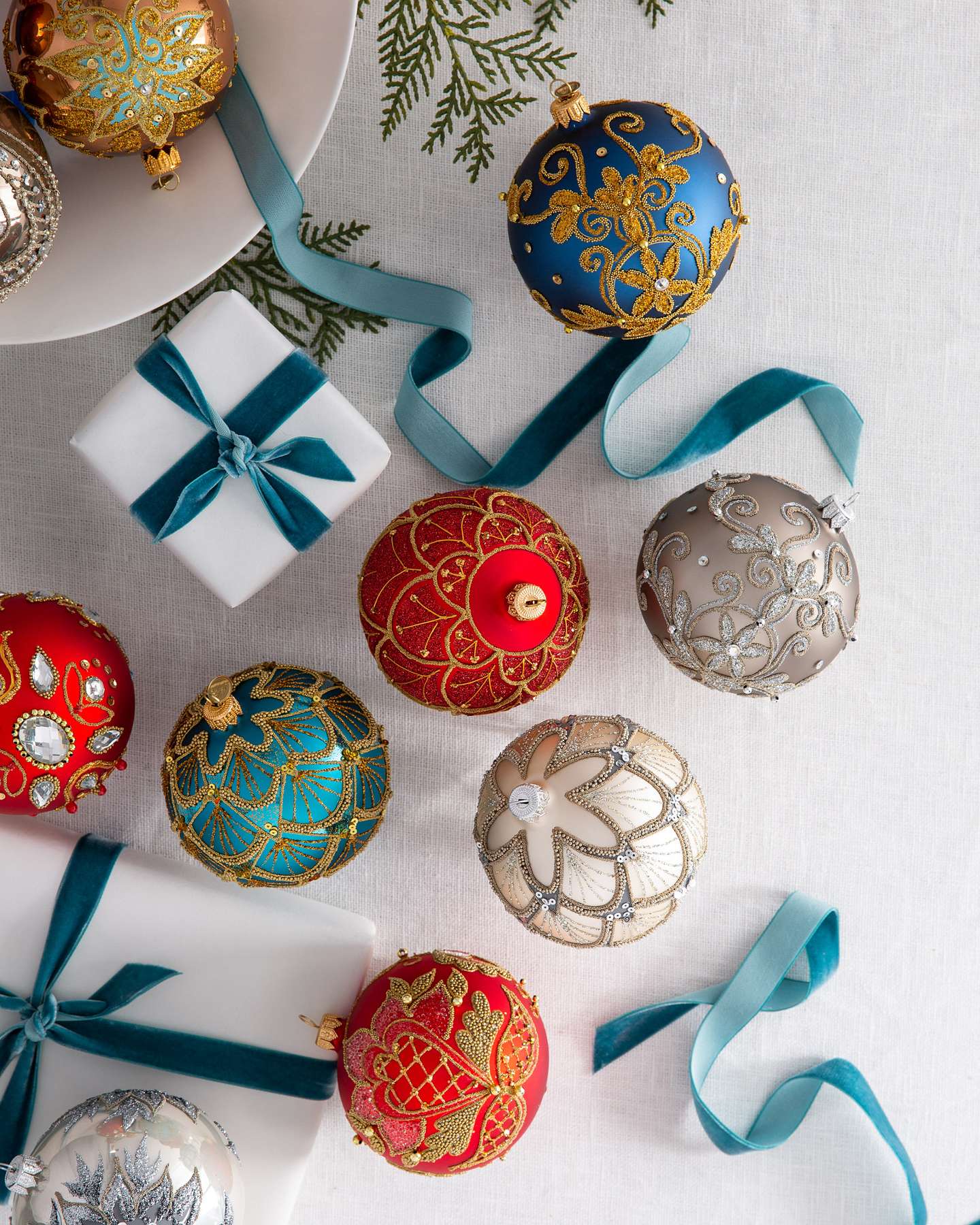 Balsam Hill Decorated Glass Ball Christmas Ornament Set of 4 Lifestyle Display with White Background
