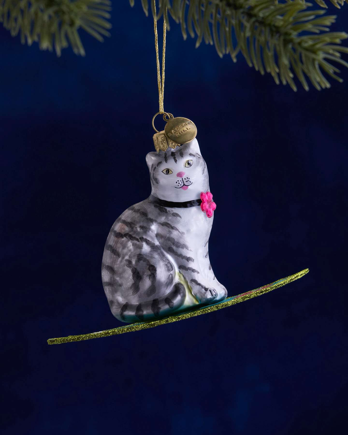Balsam Hill Studio Surfing Gray Cat Ornament