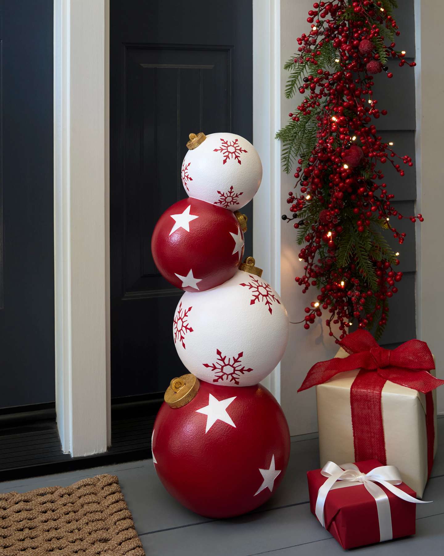 Balsam Hill Red and White Outdoor Stacked Christmas Ornaments Showcase